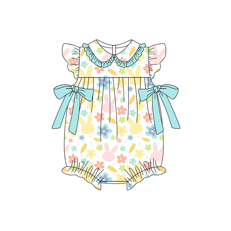 Preorder (moq 5)Baby Girls Flutter Sleeve Colorful Rabbits Flowers Bows Easter Ruffle Rompers