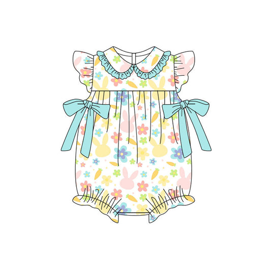 Preorder (moq 5)Baby Girls Flutter Sleeve Colorful Rabbits Flowers Bows Easter Ruffle Rompers