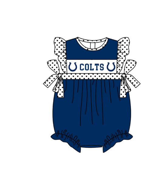 Preorder (moq 5)Baby Girls Polka Dots Flutter Sleeve Colts Team Ruffle Rompers