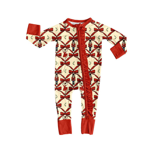 Preorder (moq 5) Baby Girls Bows Soldiers Christmas Two Way Ruffle Zip Convertible Rompers