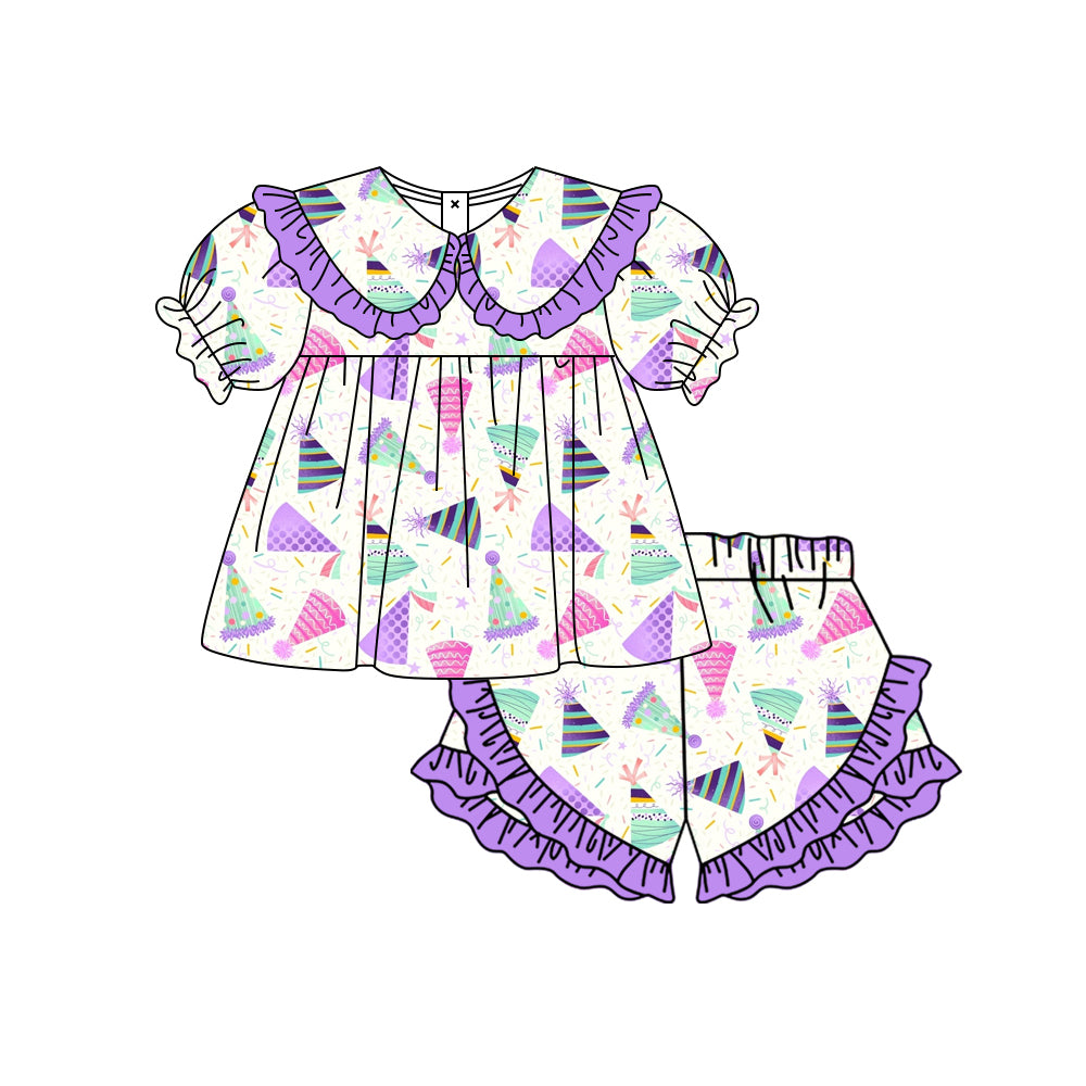 Preorder moq 5 Baby Girls Happy Birthday Collar Tunic Ruffle Shorts Clothes Set