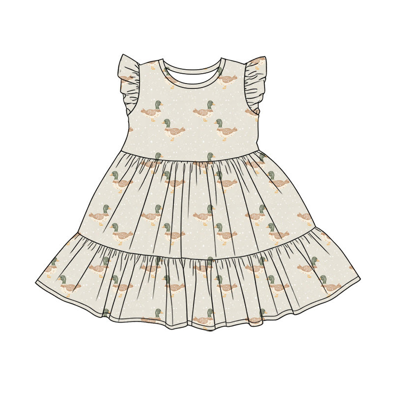 Preorder (moq 5)Baby Girls Flutter Sleeve Ducks Patchwork Hunting Knee Length Dress