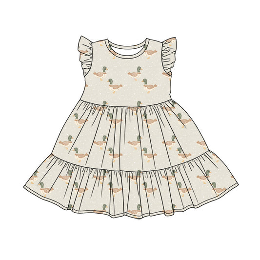 Preorder (moq 5)Baby Girls Flutter Sleeve Ducks Patchwork Hunting Knee Length Dress