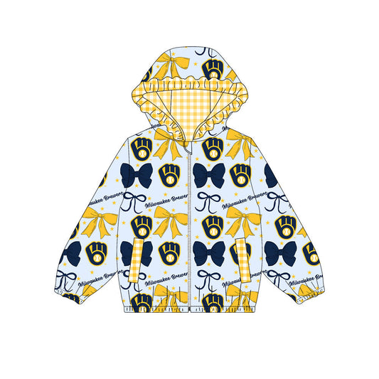Preorder(moq 8)Baby Girls Navy Yellow Bows Milvsaukee Pocket Zipper Team Ruffle Hoodies Jackets