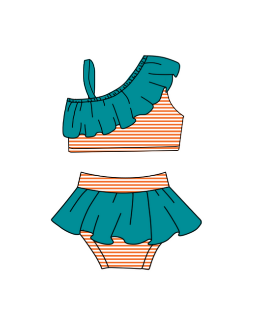 Preorder moq 5 Baby Girls Orange Stripe Vest Top Bummies Short Team Swimsuits