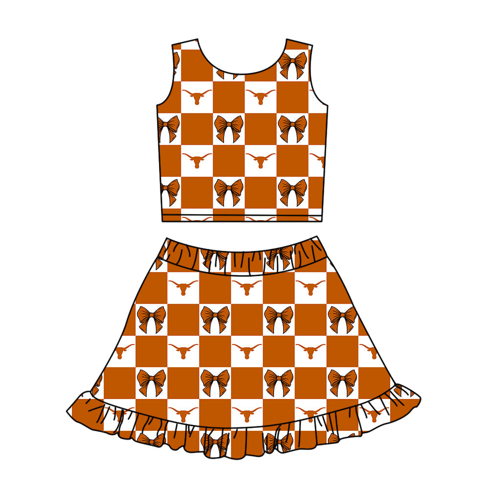 Preorder (moq 5)Baby Girls Bull Skulls Bows Checked Vest Ruffle Skirt Short Team Clothes Sets