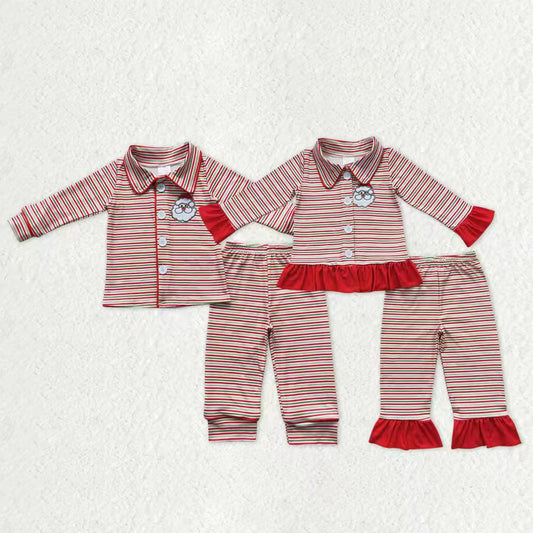 Sibling Baby Boys Girls Embroidery Santa Button Top Pants Christmas Pajamas Sets
