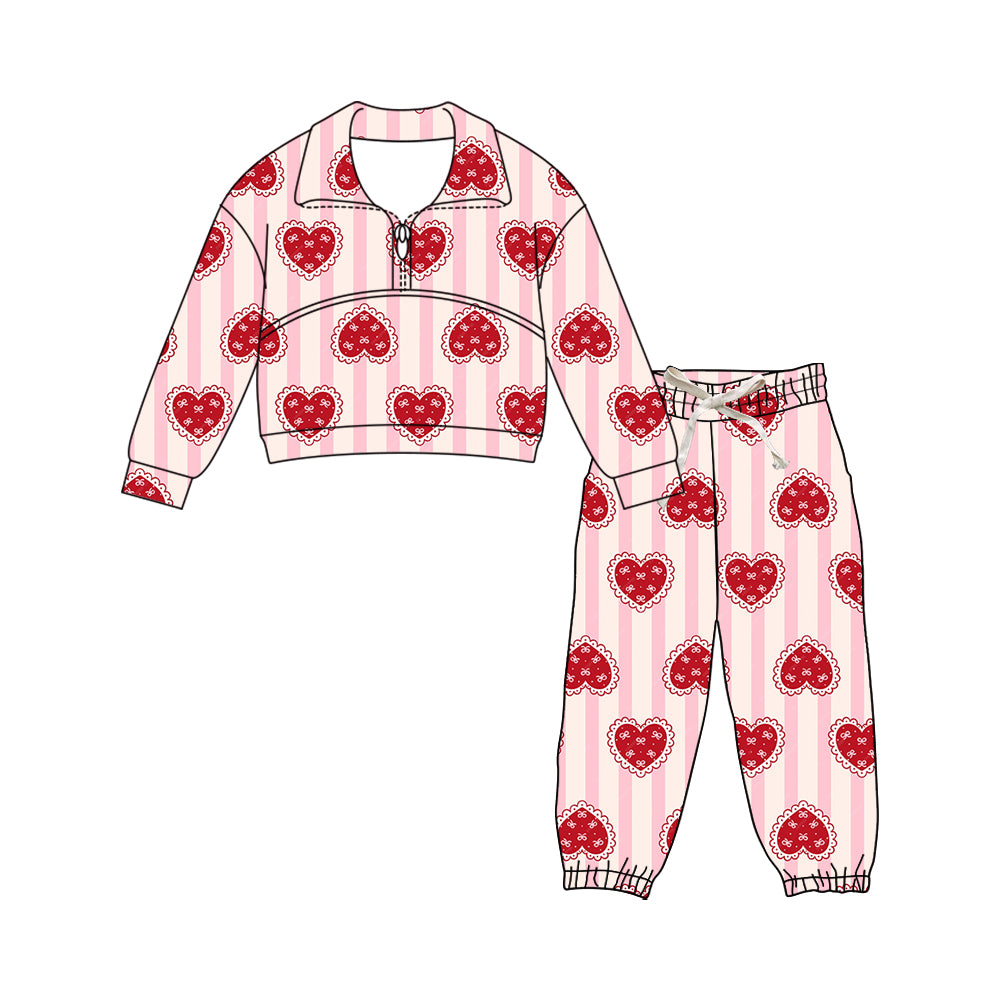 Preorder (moq 5)Baby Girls Pink Stripe Hearts Zipper Top Jogger Valentines Clothes Sets