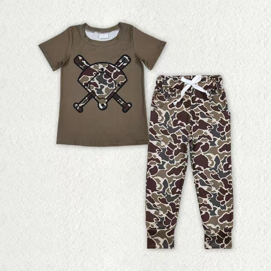 Baby Boys Southern Dark Khaki Camo Baseballs Top Pockets Legging Pants Team Clothes Sets