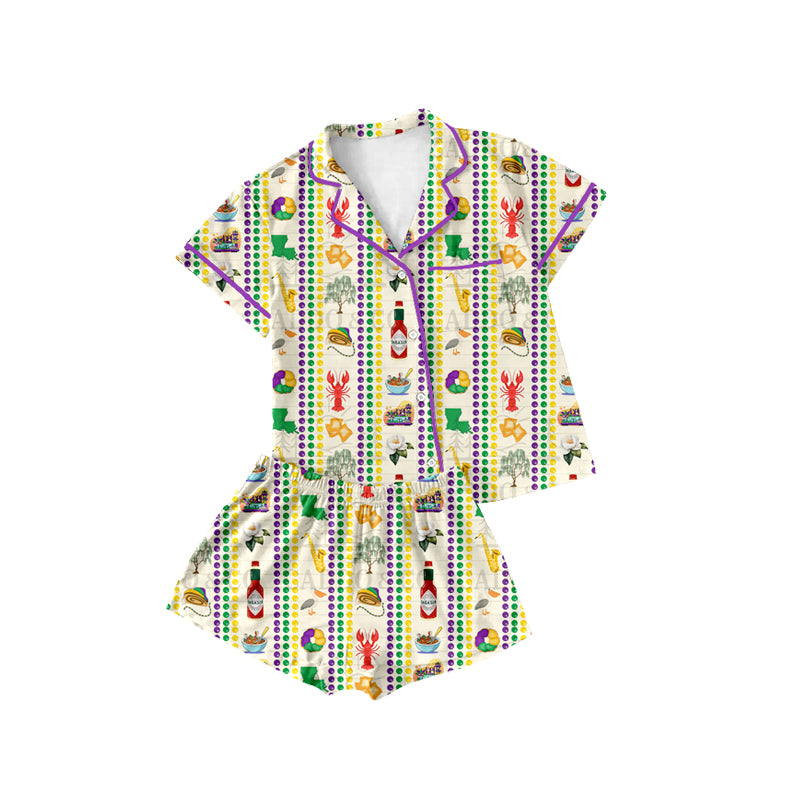 Preorder (moq 5) women Clothes Mardi Gras Crawfish King Cake Louisiana Map Print Short Sleeve Button Pajama Short Set