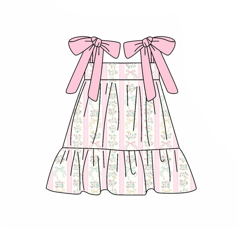 Preorder(moq 5) Baby Girls Pink Strap Bows Flowers Stripe Ruffle Knee Length Dresses