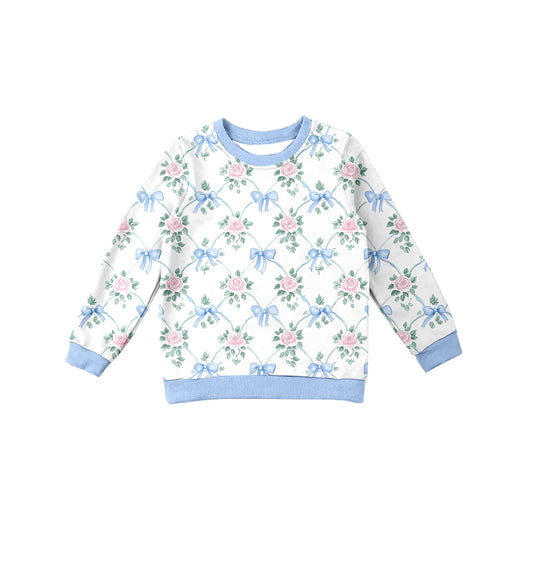 Preorder (moq 5)Baby Girls Long Sleeves Blue Bows Flowers Plaid Tee Shirts Top