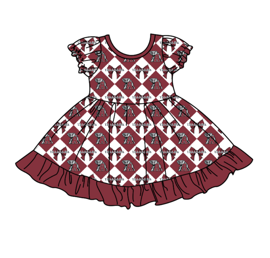 Preorder moq 5 Baby Girls Short Sleeve Elephants A Bows Team Ruffle Knee Length Dress