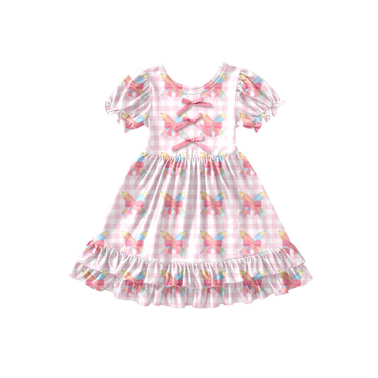 Preorder (moq 5)Baby Girls Pink Checked Pencil Bows Back to School Ruffle Knee Length Dress