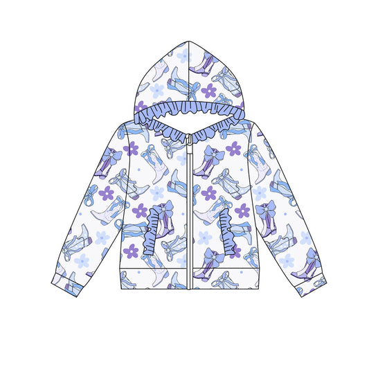 Preorder(moq 8)Baby Girls Blue Flowers Bows Boots Pocket Zipper Ruffle Hoodie Jackets