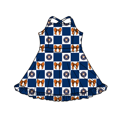 Preorder (moq 5) Baby Girls Strap Bows Houston Checked Team Short Knee Length Dress