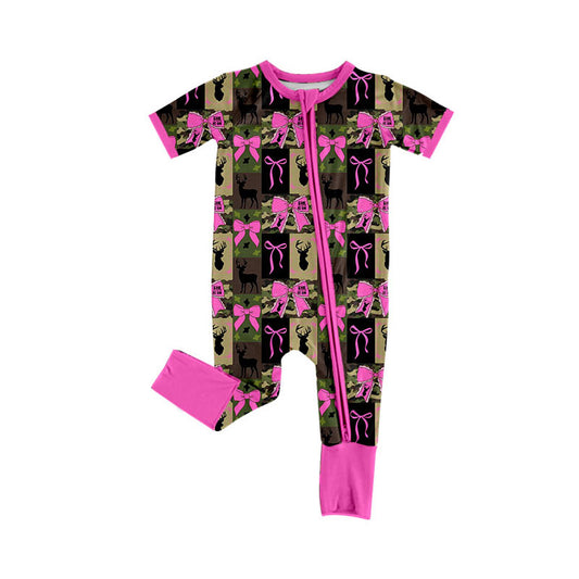 Preorder (moq 5)Baby Girls Camo Deer Checked Bows Hunting Two Way Zip Convertible Rompers