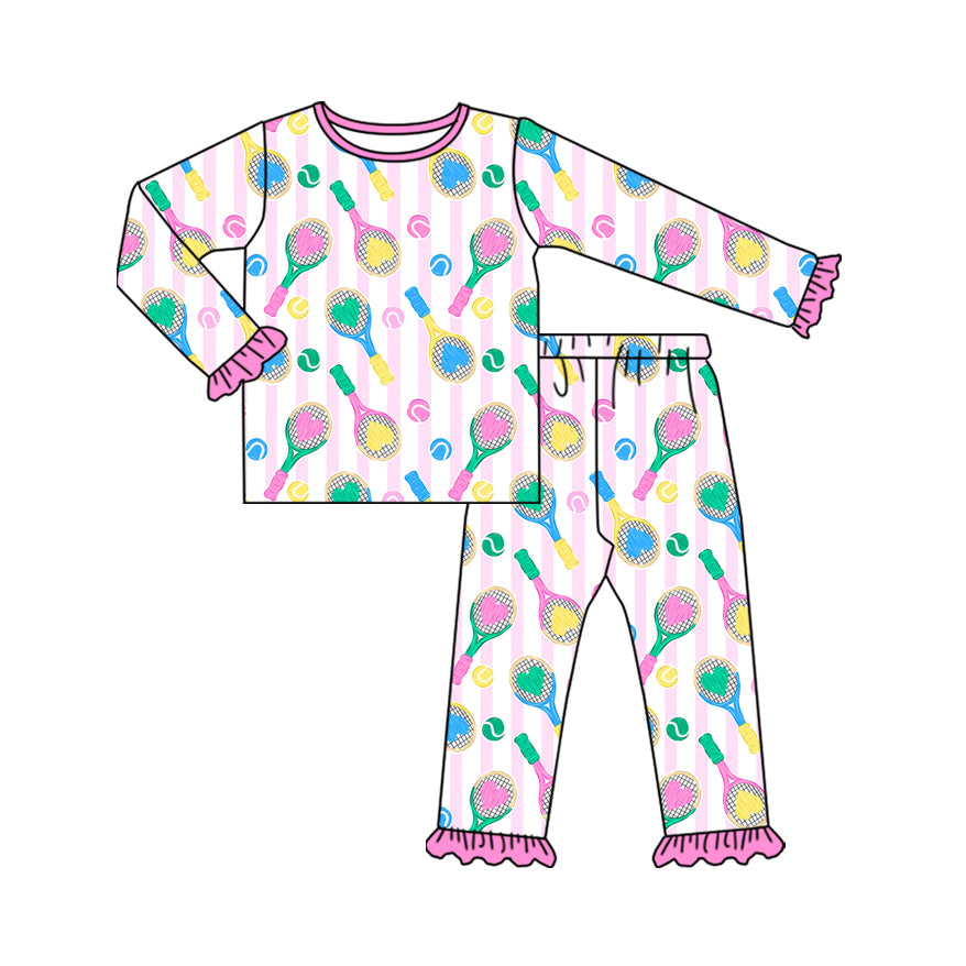 Preorder (moq 20)Baby Girls Bamboo Pink Stripe Hearts Tennis Ruffle Pants Pajamas Sets