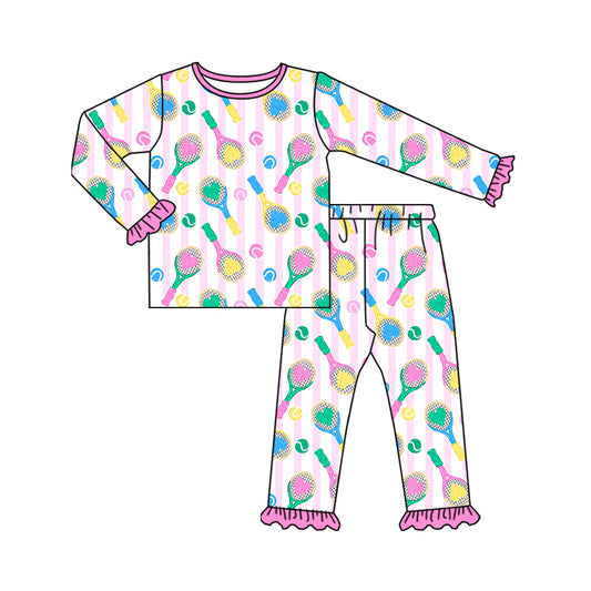 Preorder (moq 20)Baby Girls Bamboo Pink Stripe Hearts Tennis Ruffle Pants Pajamas Sets