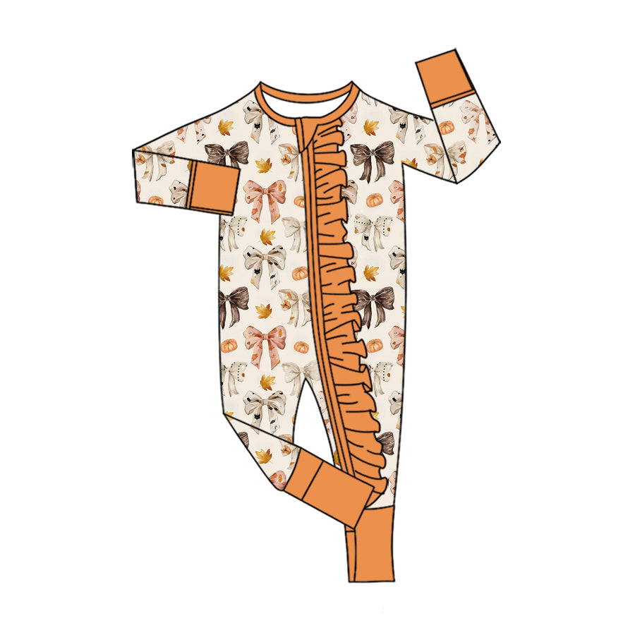 Preorder (moq 5) Baby Girls Bows Pumpkins Fall Two Way Ruffle Zip Convertible Rompers