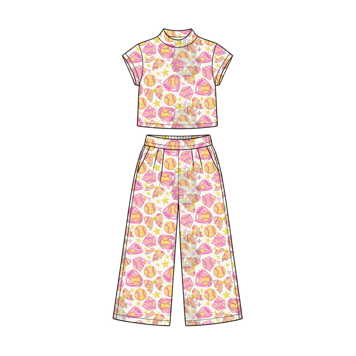 Preorder (moq 5) Baby Girl Clothes Pink Girly Baseball Star Mixed Print Short Sleeve Crop Top Wide Leg Pant Set