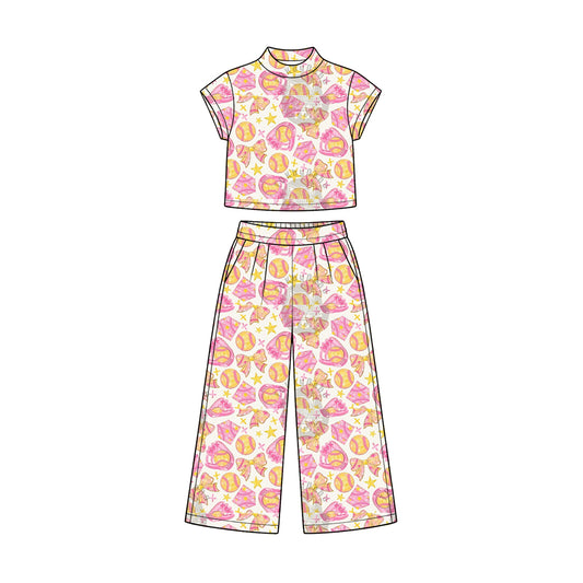 Preorder (moq 5) Baby Girl Clothes Pink Girly Baseball Star Mixed Print Short Sleeve Crop Top Wide Leg Pant Set