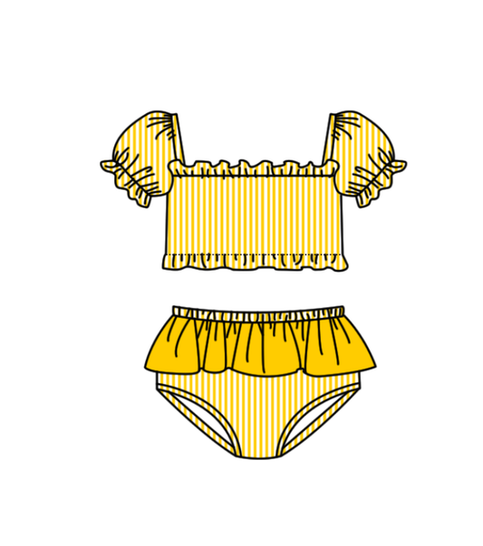 Preorder moq 5 Baby Girls Yellow Stripe Vest Top Bummies Short Team Swimsuits