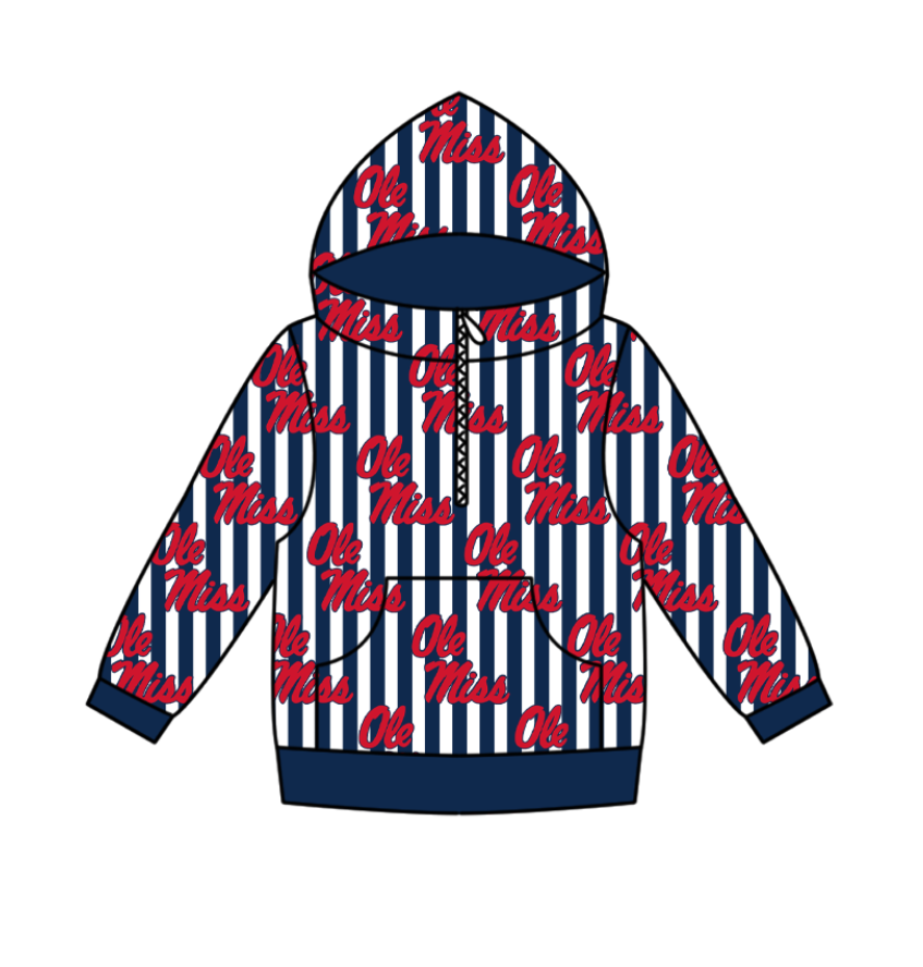 Preorder(moq 5) Baby Boys Zipper Pockets Blue Stripe Ole Miss Team Hoodies Top