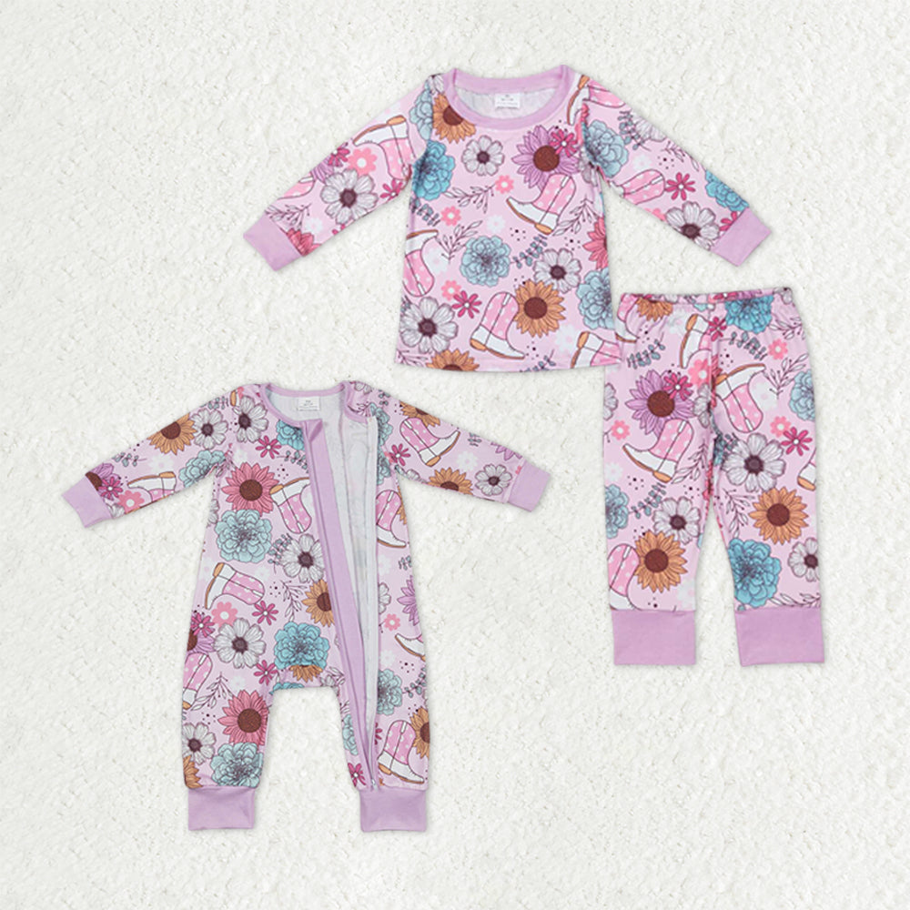 Sibling Baby Girls Lavender Pink Flowers Boots Top Pants Pajamas Sets Zipper Rompers