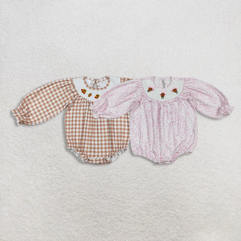 Sibling Smocked Baby Girls Thanksgiving Turkey Bows Ruffle Rompers Dresses