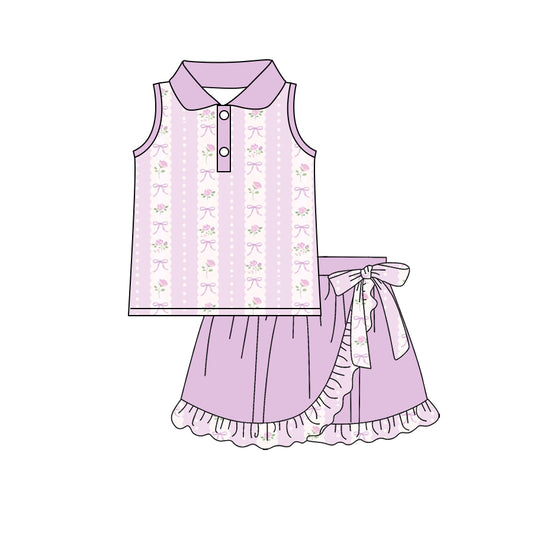 Preorder (moq 5)Baby Girls Flowers Bows Stripe Button Top Ruffle Skirt Shorts Clothes Set