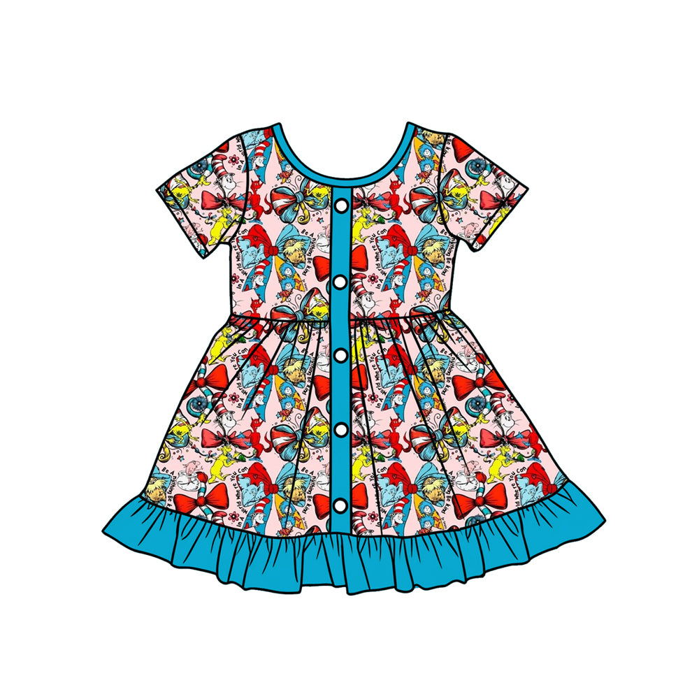 Preorder (moq 5)Baby Girls Short Sleeve Cartoon Dr Reading Button Ruffle Knee Length Dresses