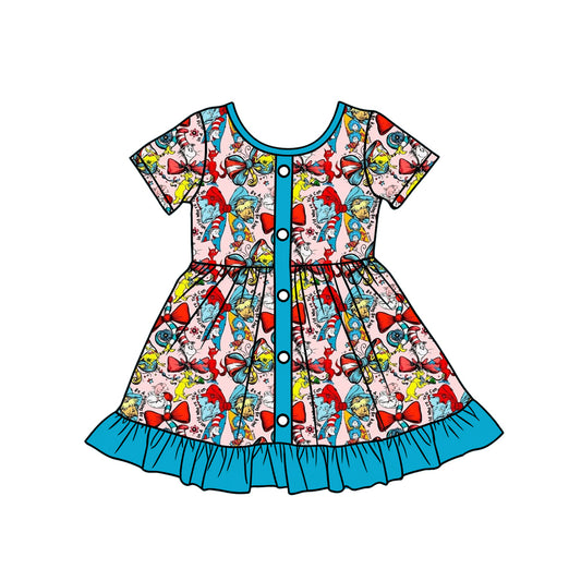 Preorder (moq 5)Baby Girls Short Sleeve Cartoon Dr Reading Button Ruffle Knee Length Dresses