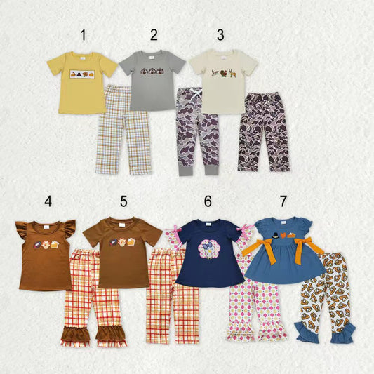 Sibling Baby Boys Girls Embroidery Turkey Pie Short Sleeves Pants Thanksgiving Clothes Sets