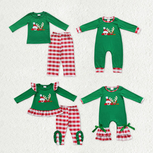 Sibling Baby Kids Embroidery Santa Deer Green Sleeves Christmas Clothes Sets Footie Rompers