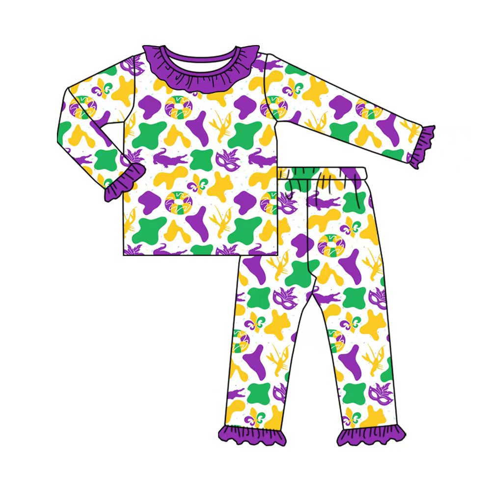 Preorder (moq 20)Baby Girls Bamboo Mardy Gras Camo Glasses Ruffle Pajamas Sets