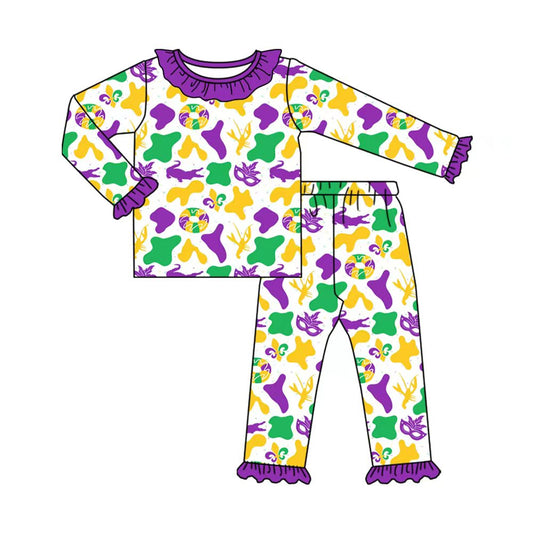 Preorder (moq 20)Baby Girls Bamboo Mardy Gras Camo Glasses Ruffle Pajamas Sets