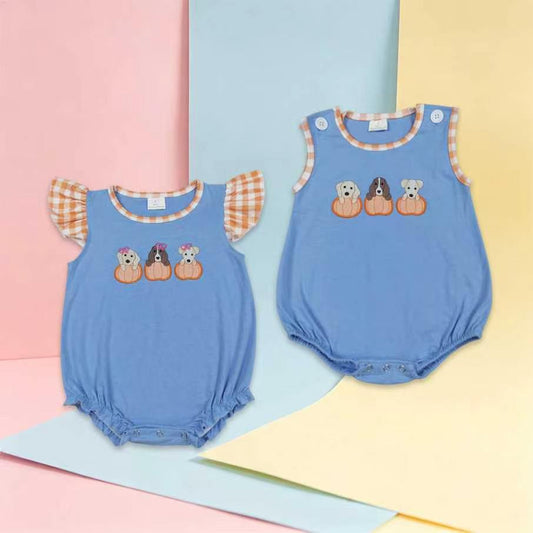 USA Shop Sibling Baby Boys Girls Embroidery Dogs Pumpkins Fall Rompers