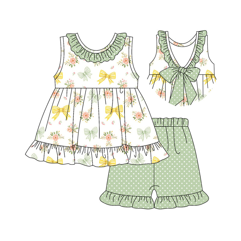 Preorder (moq 5)Baby Girls Colorful Bows Floral Tunic Green Polka Dots Ruffle Shorts Clothes Sets