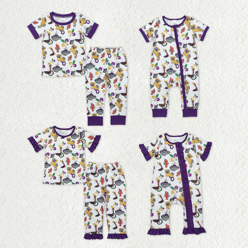 Sibling Baby Kids Anchors Crayfishes Top Pants Mardigras Pajamas Sets Zipper Footie Rompers