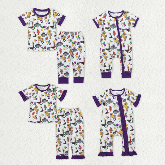Sibling Baby Kids Anchors Crayfishes Top Pants Mardigras Pajamas Sets Zipper Footie Rompers