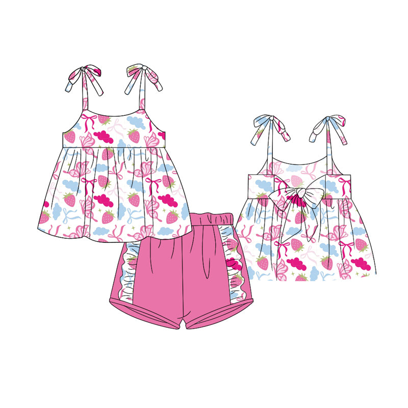 Preorder (moq 5)Baby Girls Strawberry Bows Tunic Top Ruffle Shorts Clothes Sets