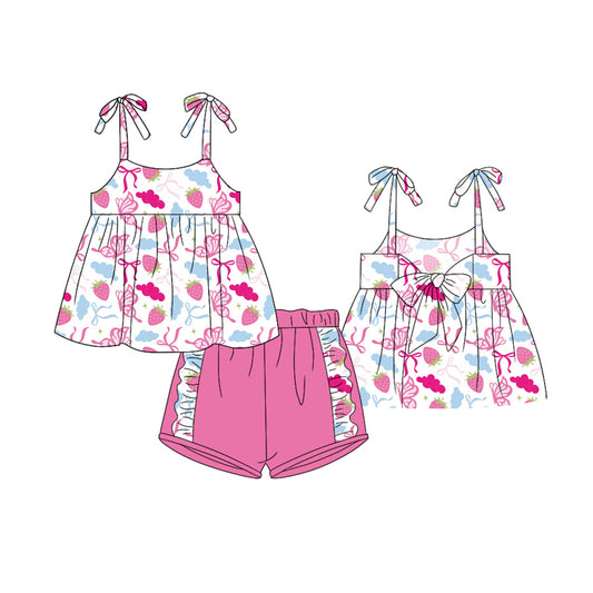 Preorder (moq 5)Baby Girls Strawberry Bows Tunic Top Ruffle Shorts Clothes Sets