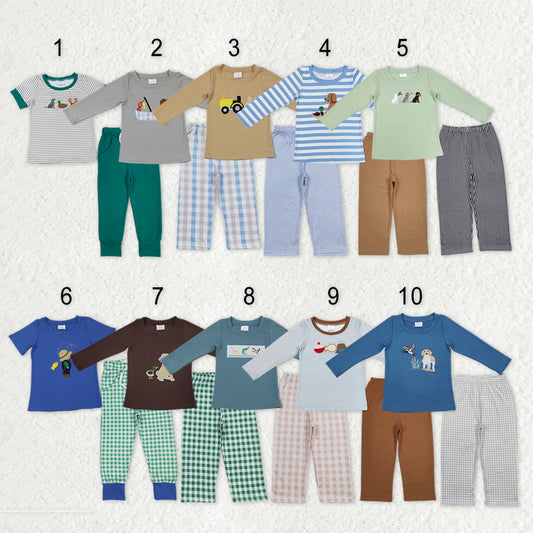 Sibling Baby Boys Embroidery Dogs Fishing Top Pockets Pants Hunting Clothes Sets