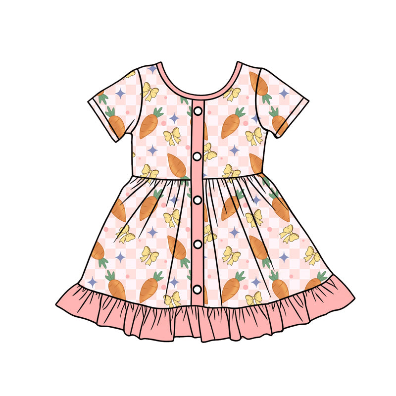 Preorder (moq 5)Baby Girls Peach Checked Carrots Bows Button Easter Ruffle Knee Length Dresses