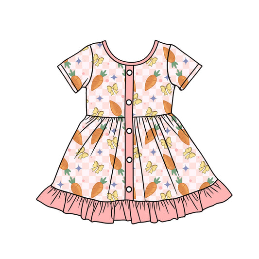 Preorder (moq 5)Baby Girls Peach Checked Carrots Bows Button Easter Ruffle Knee Length Dresses