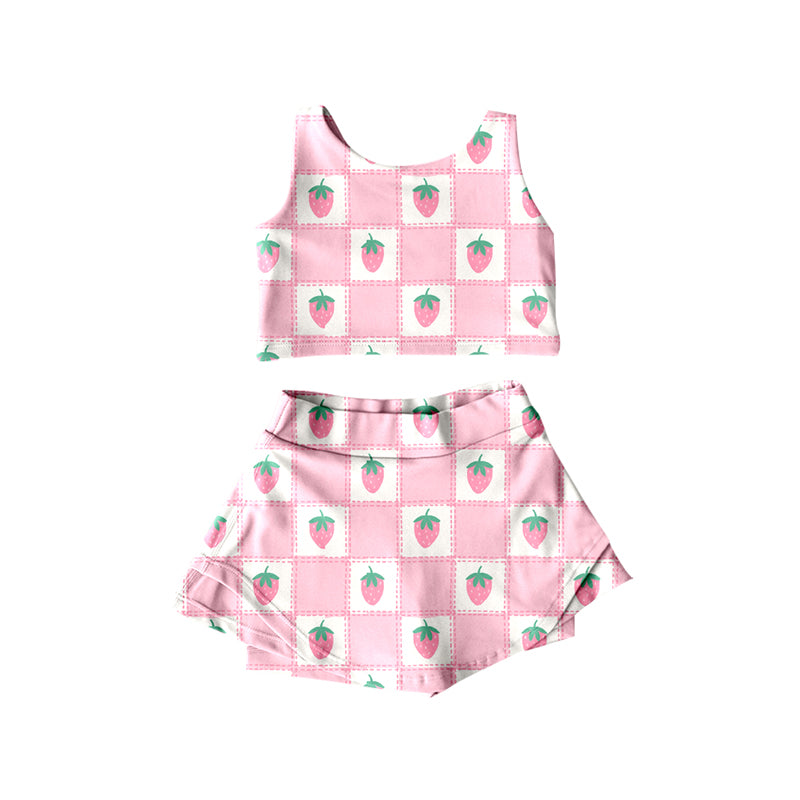 Preorder (moq 5)Baby Girls Pink Sleeveless Strawberry Plaid Top Skorts Set