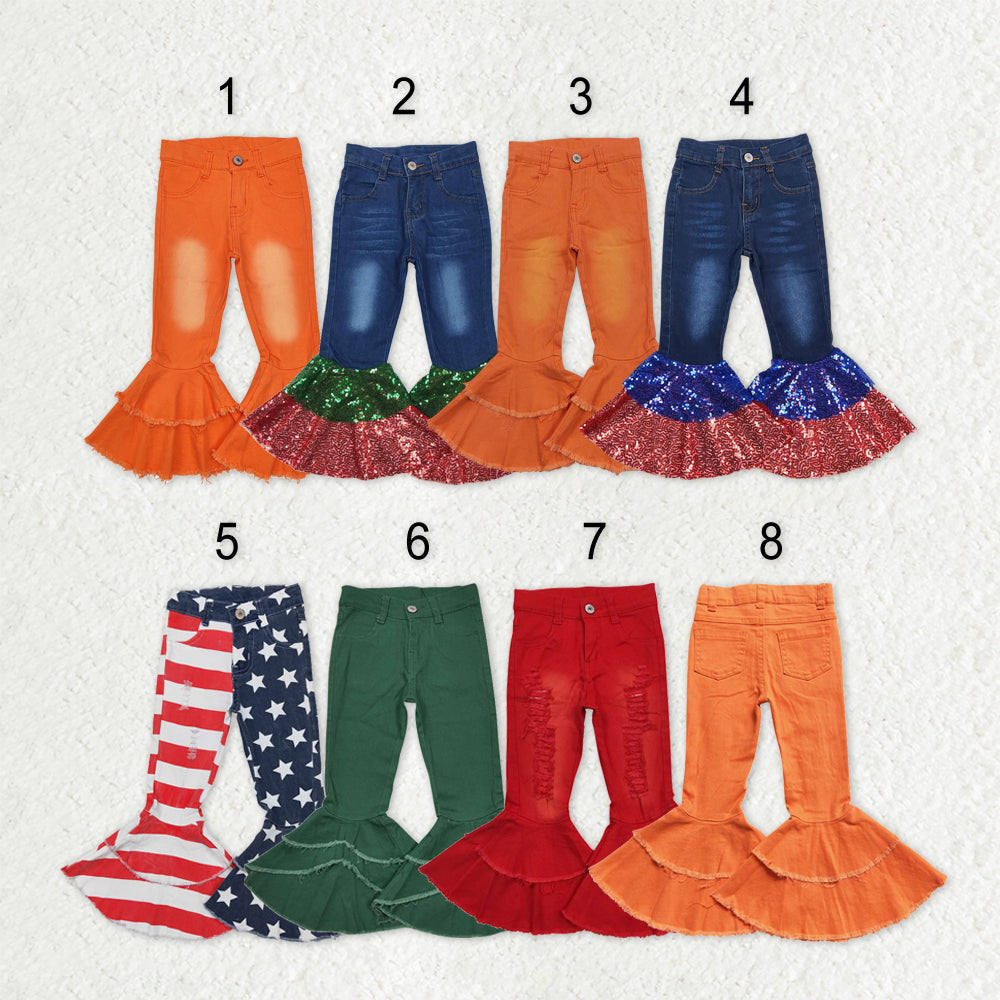 Sibling Baby Girls July 4th Bell Bottom Denim Pants Jeans