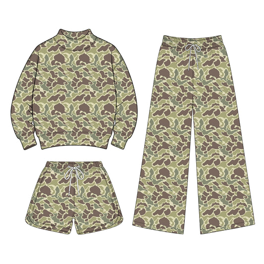 Preorder (moq 5) Baby Girls Camo Shirt Shorts Flare Pants Three Pieces Clothes Sets