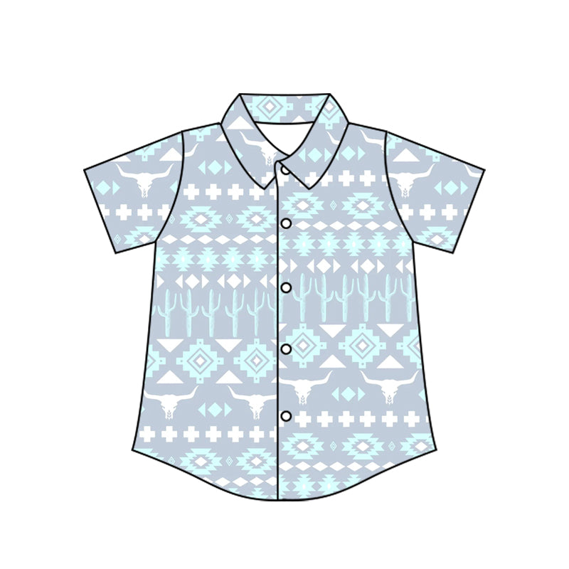 Preorder moq 10 Baby Boys Short Sleeves Bull Skull Aztec Button Shirts Top
